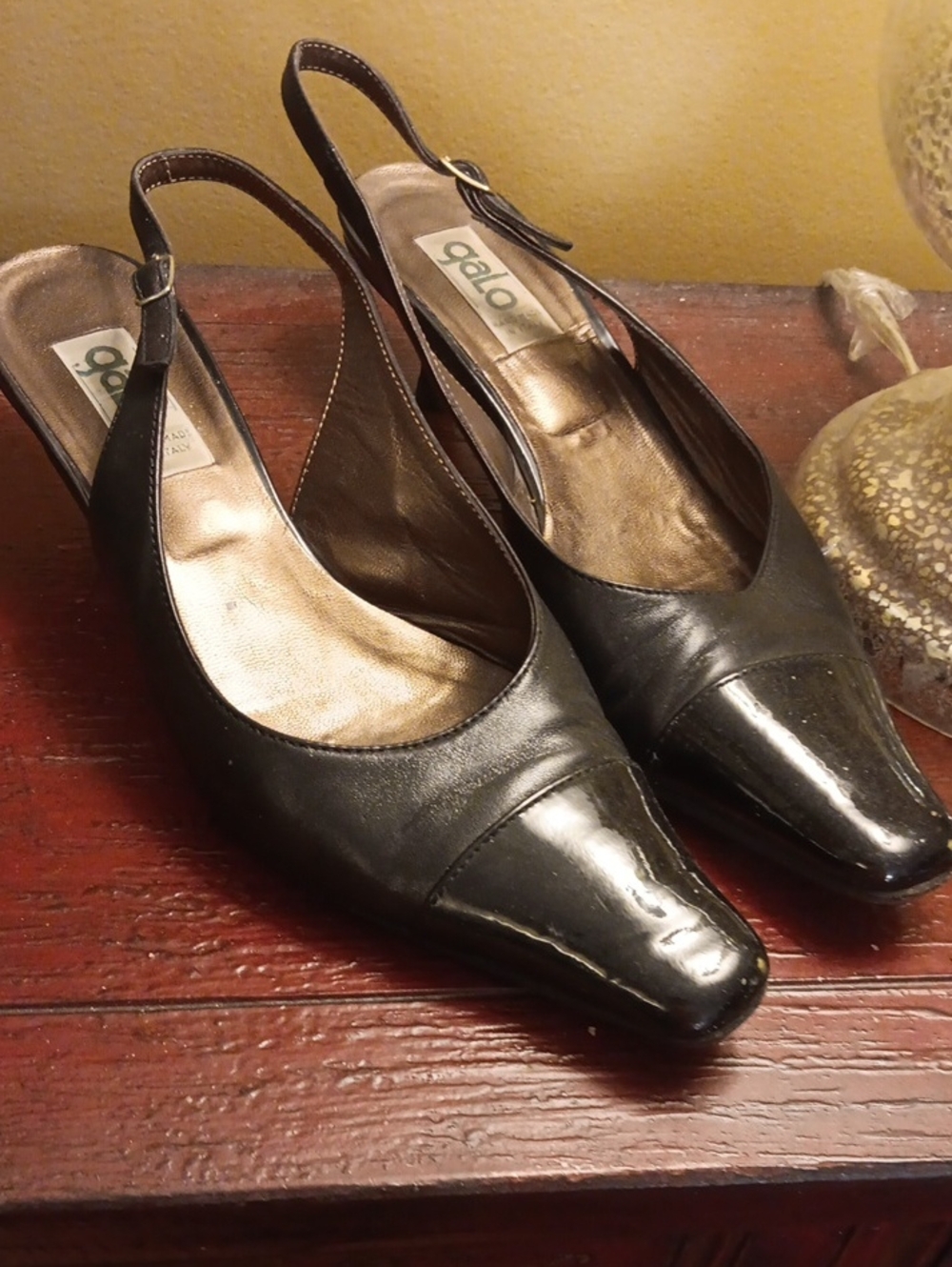 GALO Black Leather Slingback Mules with Patent Cap Toe